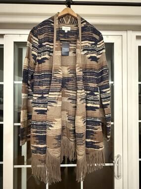 LUCKY BRAND Women’s S Open Cardigan Aztec Print Fringe Boho Southwest Cabincore